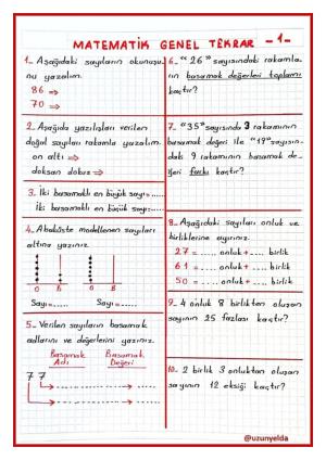 2. Sınıf Matematik Dersi Genel Tekrar Etkinlikleri