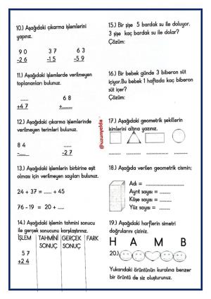 2.sınıf 20.hafta Genel Tekrar Çalışma Etkinlikleri