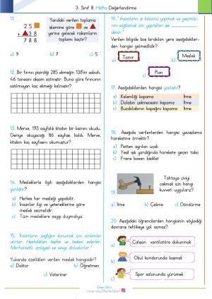 3. Sınıf 8. Hafta Değerlendirme Sınavı