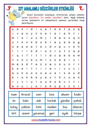 Zıt Anlamlı Kelimeler Bulmaca Etkinliği-12