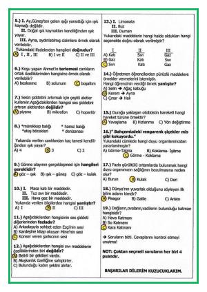 3. Sınıf Fen Bilimleri 2. Dönem 2. Değerlendirme Sınavı 