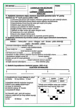 3. Sınıf Fen Bilimleri 2. Dönem 2. Değerlendirme Sınavı 