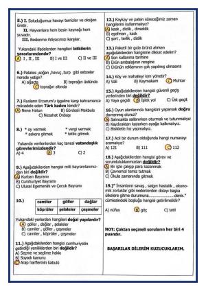 3.Sınıf Hayat Bilgisi Dersi 2.Dönem 2. Deneme Sınavı 