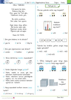 3rd Grade 1st Week Evaluation Exam