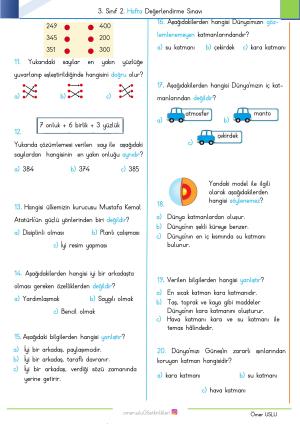 3. Sınıf 2. Hafta Değerlendirme Sınavı