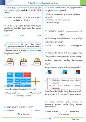 3rd Grade 3rd Week Evaluation Exam