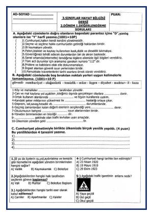 3. Sınıf Matematik ve Hayat Bilgisi Değerlendirme Soruları