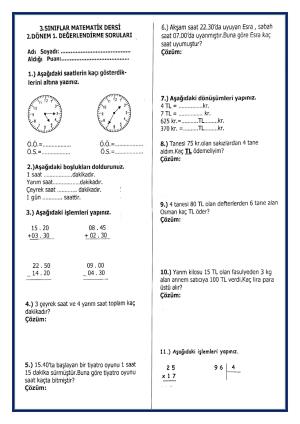 3. Sınıf Matematik ve Hayat Bilgisi Değerlendirme Soruları