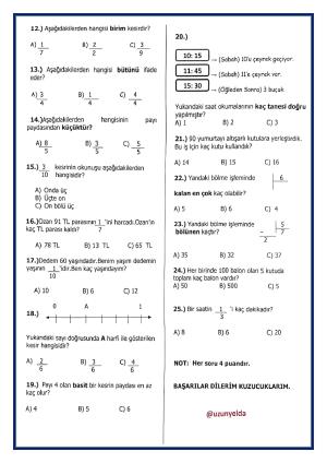 3. Sınıf Matematik ve Hayat Bilgisi Değerlendirme Soruları