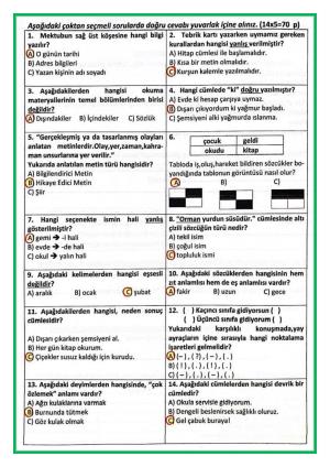 3.Sınıf Türkçe Dersi 2.Dönem 2. Deneme Sınavı  