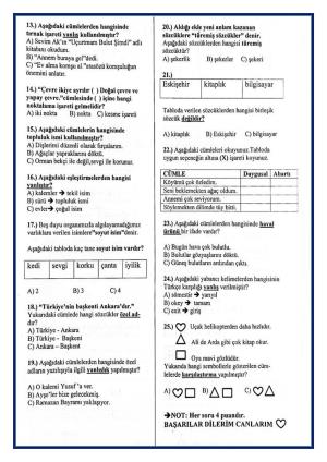 3.Sınıf Türkçe Dersi 2.Dönem 1. Değerlendirme Soruları