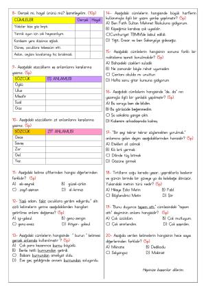 4. Sınıf 1. Dönem 1. Yazılı Sınavları