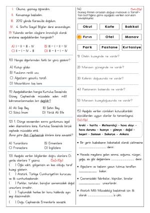 4. Sınıf 1. Dönem 2. Yazılı Sınavları