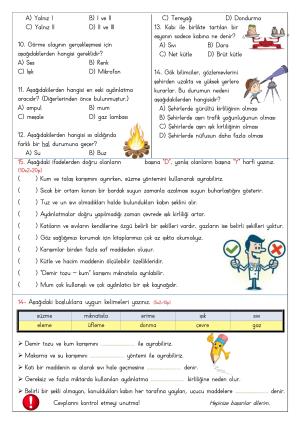 4. Sınıf 2. Dönem 1. Yazılı Sınavları