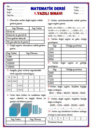 Matematik Dersi 1. Dönem 1. Yazılı Sınavı ve Cevap Anahtarı