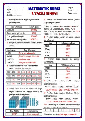 Matematik Dersi 1. Dönem 1. Yazılı Sınavı ve Cevap Anahtarı