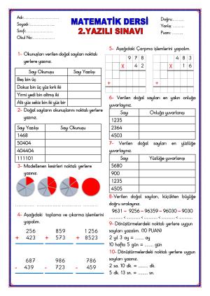 Matematik Dersi 2. Dönem 1. Yazılı Sınavı ve Cevap Anahtarı