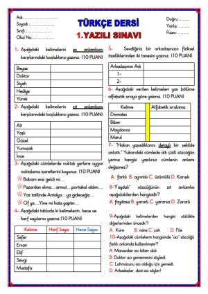 Türkçe Dersi 1. Dönem 1. Yazılı Sınavı ve Cevap Anahtarı