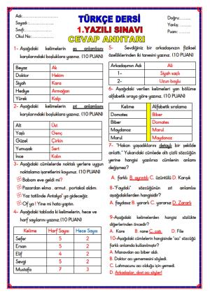 Türkçe Dersi 1. Dönem 1. Yazılı Sınavı ve Cevap Anahtarı