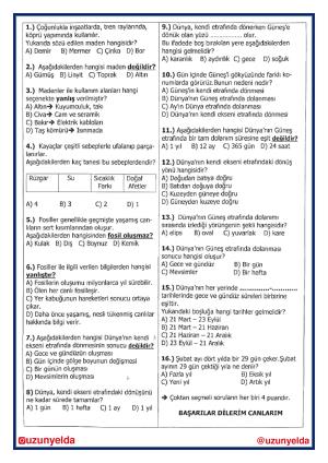 4. Sınıf Fen Bilimleri 1. Ünite Değerlendirme Soruları ve Cevap Anahtarı