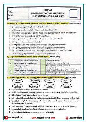 4. Sınıf İnsan Hakları ve Demokrasi  Dersi 1. Ünite Değerlendirme Soruları ve Cevap Anahtarı