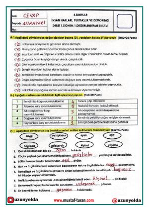 4. Sınıf İnsan Hakları ve Demokrasi  Dersi 1. Ünite Değerlendirme Soruları ve Cevap Anahtarı