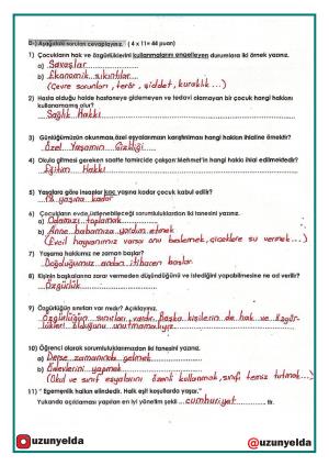 4. Sınıf İnsan Hakları ve Demokrasi  Dersi 1. Ünite Değerlendirme Soruları ve Cevap Anahtarı