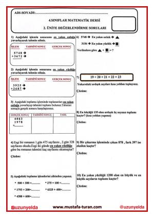 4th Grade Mathematics Lesson 2 Unit Evaluation Questions