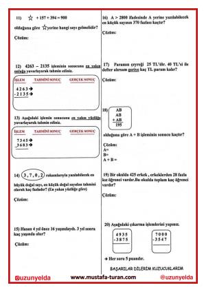 4th Grade Mathematics Lesson 2 Unit Evaluation Questions