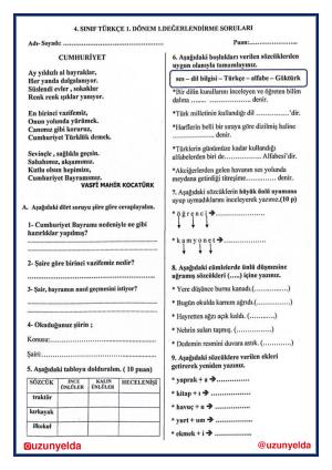 4th Grade Turkish 1st Unit Evaluation Questions and Answer Key