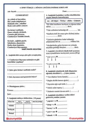 Preguntas de evaluación de la primera unidad de turco de cuarto grado y clave de respuestas