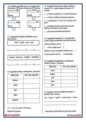 4th Grade Turkish 1st Unit Evaluation Questions and Answer Key