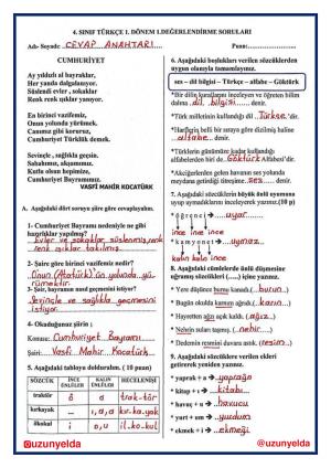 4th Grade Turkish 1st Unit Evaluation Questions and Answer Key