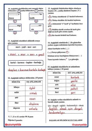 4th Grade Turkish 1st Unit Evaluation Questions and Answer Key