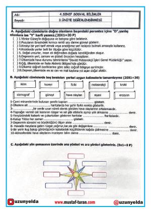 4. Sınıf Sosyal Bilgiler Dersi 3. Ünite Değerlendirme Soru ve Cevapları