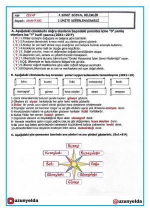 4. Sınıf Sosyal Bilgiler Dersi 3. Ünite Değerlendirme Soru ve Cevapları