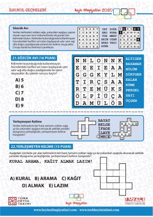 Beyin Olimpiyatları İlkokul Seçmeleri Örnek Yarışma 