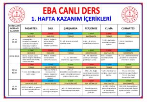 EBA Canlı Ders Haftalık Planı ve Kazanım Çizelgeleri