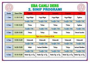 2. Sınıf Eba Canlı Ders Haftalık  Program Çizelgesi