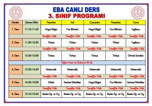 3. Sınıf Eba Canlı Ders Haftalık  Program Çizelgesi