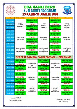 4. Sınıf EBA Canlı Ders programı 23 Kasım-31 Aralık 2020 