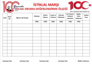 İstiklal Marşını Okuma Değerlendirme Ölçeği Formu