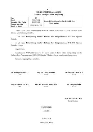 Birleştirilmiş Sınıflar Haftalık Ders Programı