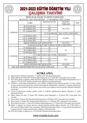 2021-2022 Eğitim ve Öğretim Yılı  İş Günü Takvimi - Çalışma Takvimi ve MEB Çalışma Genelgesi