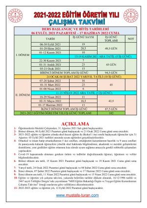 2021-2022 Eğitim ve Öğretim Yılı  İş Günü Takvimi - Çalışma Takvimi ve MEB Çalışma Genelgesi