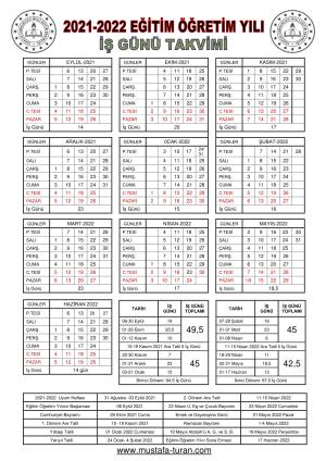 2021-2022 Eğitim ve Öğretim Yılı  İş Günü Takvimi - Çalışma Takvimi ve MEB Çalışma Genelgesi